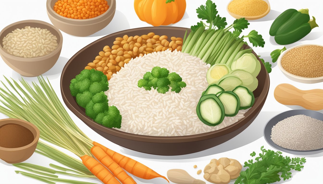 A bowl of calrose rice surrounded by various alternative grains and vegetables