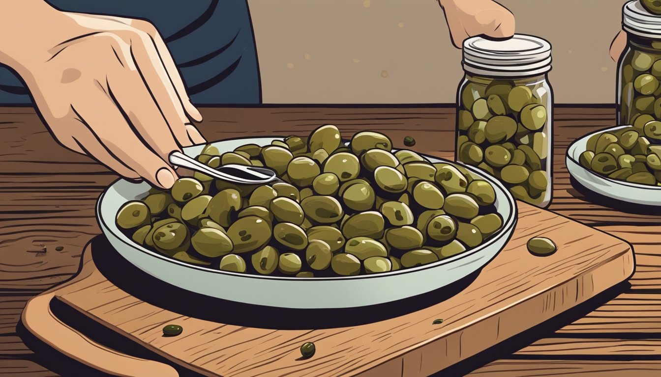 A small jar of capers sits next to a dish of olives and a bowl of pickles on a wooden cutting board. The capers are being sprinkled over a salad by a hand holding a small spoon