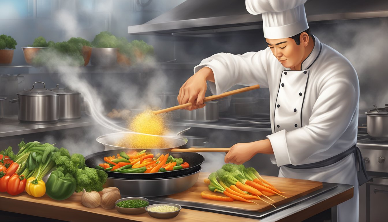 A chef pouring cane vinegar into a sizzling hot pan of stir-fry vegetables, creating a cloud of steam and aroma