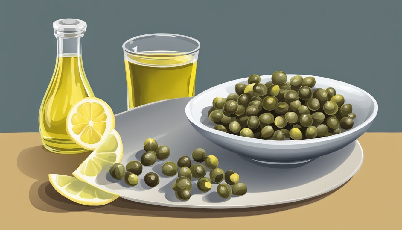 A small dish of capers next to a bowl of vinegar and a lemon slice