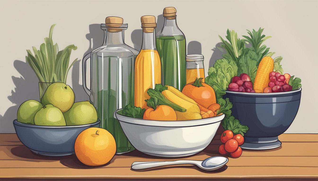 A bottle of cane vinegar sits beside a bowl of assorted fruits and vegetables, with a measuring spoon and a small dish of sugar nearby