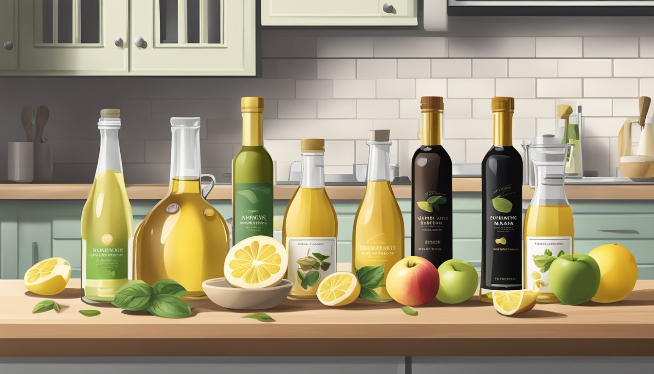 A variety of non-vinegar alternatives arranged on a kitchen counter: lemon juice, apple cider, white wine, and balsamic vinegar