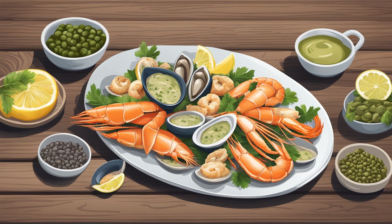 A plate of seafood substitutes with capers on a wooden cutting board