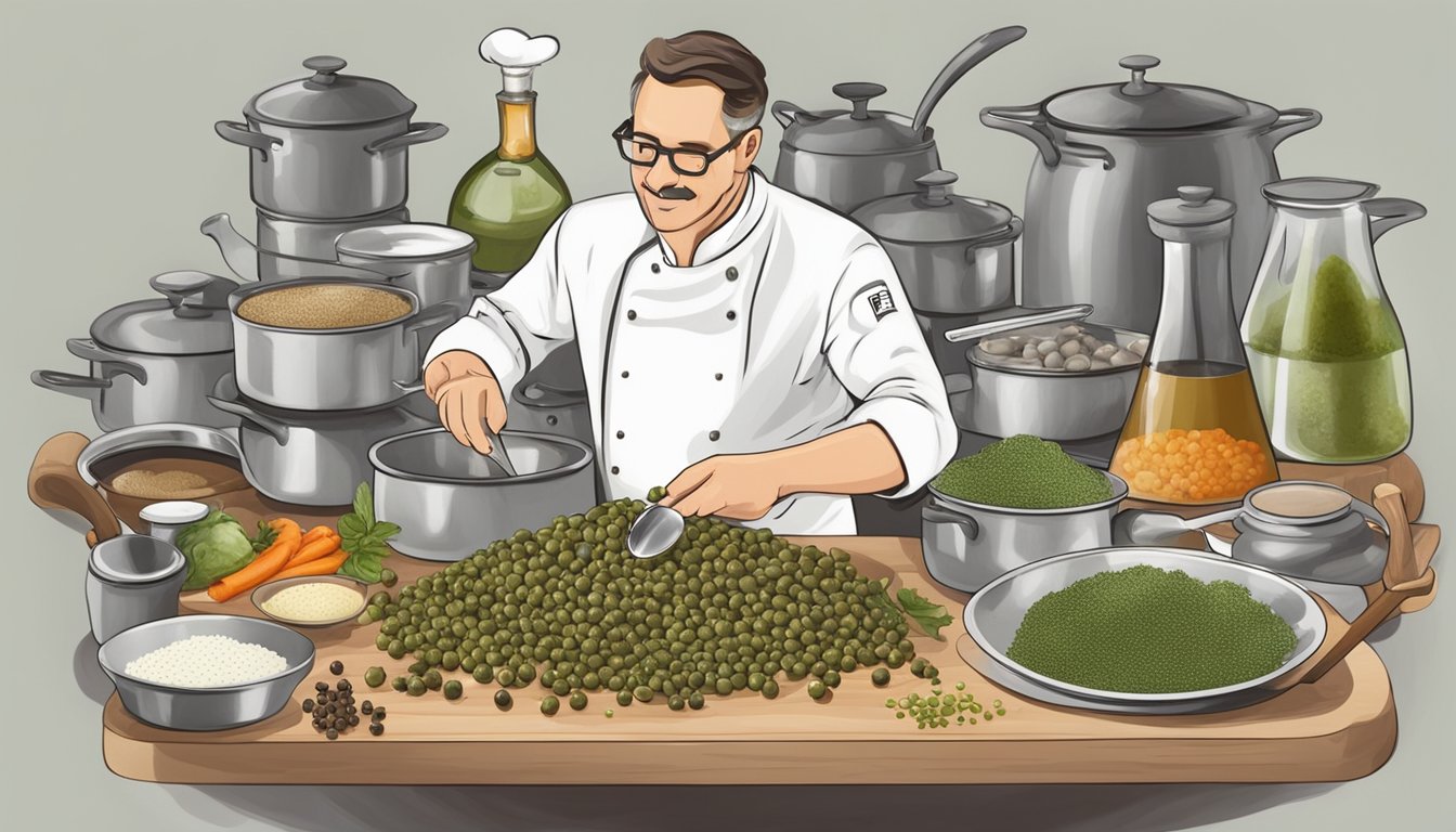 A chef adding capers as a substitute to a dish, surrounded by various cooking utensils and ingredients