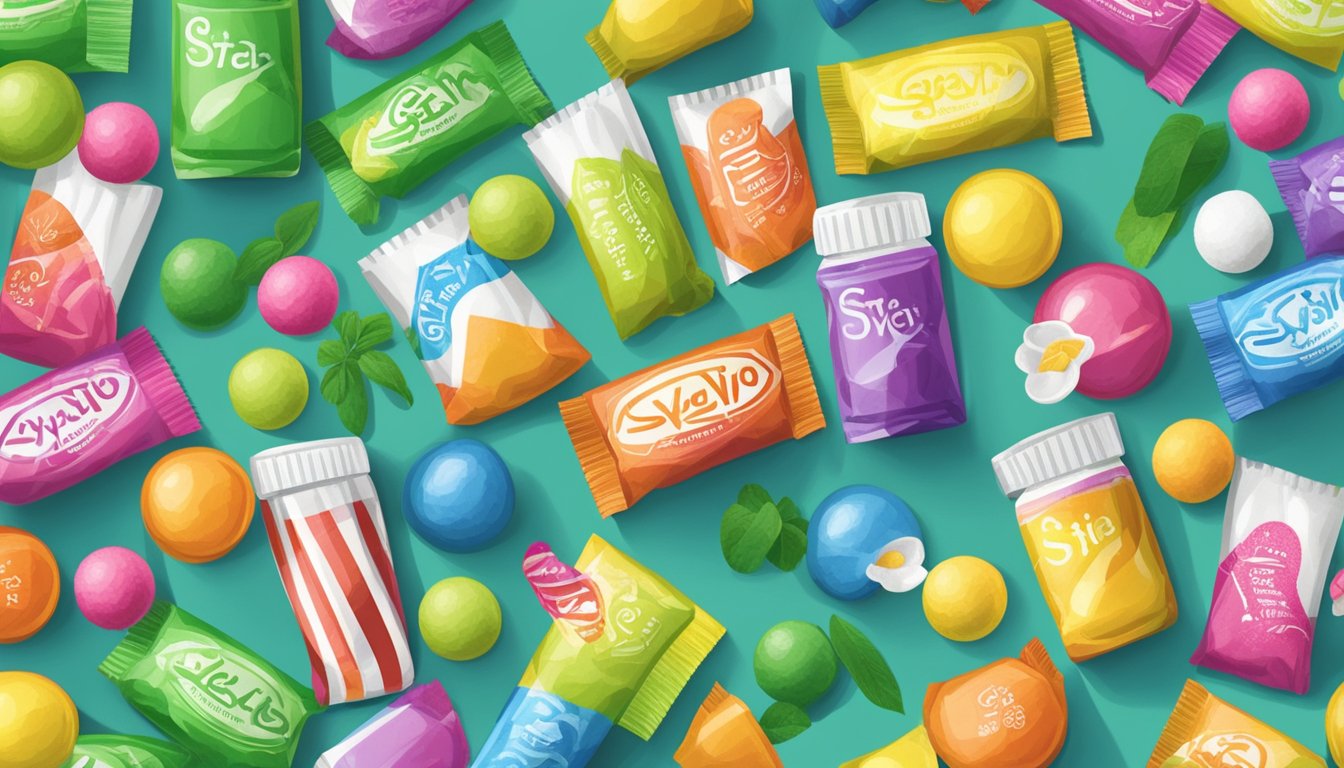 A variety of sugar alternatives, including stevia, erythritol, and xylitol, displayed next to colorful, enticing candy wrappers