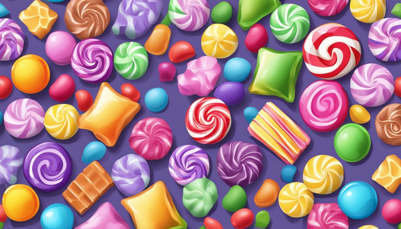 Assorted candies and sugar substitutes arranged on a colorful background