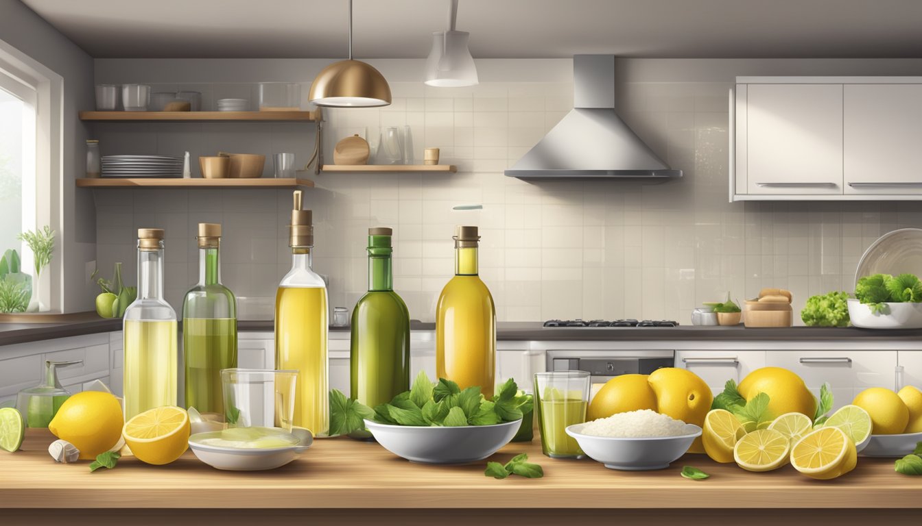 A modern kitchen with various ingredients and containers, including bottles of different types of vinegar and alternative substitutes such as lemon juice and white wine