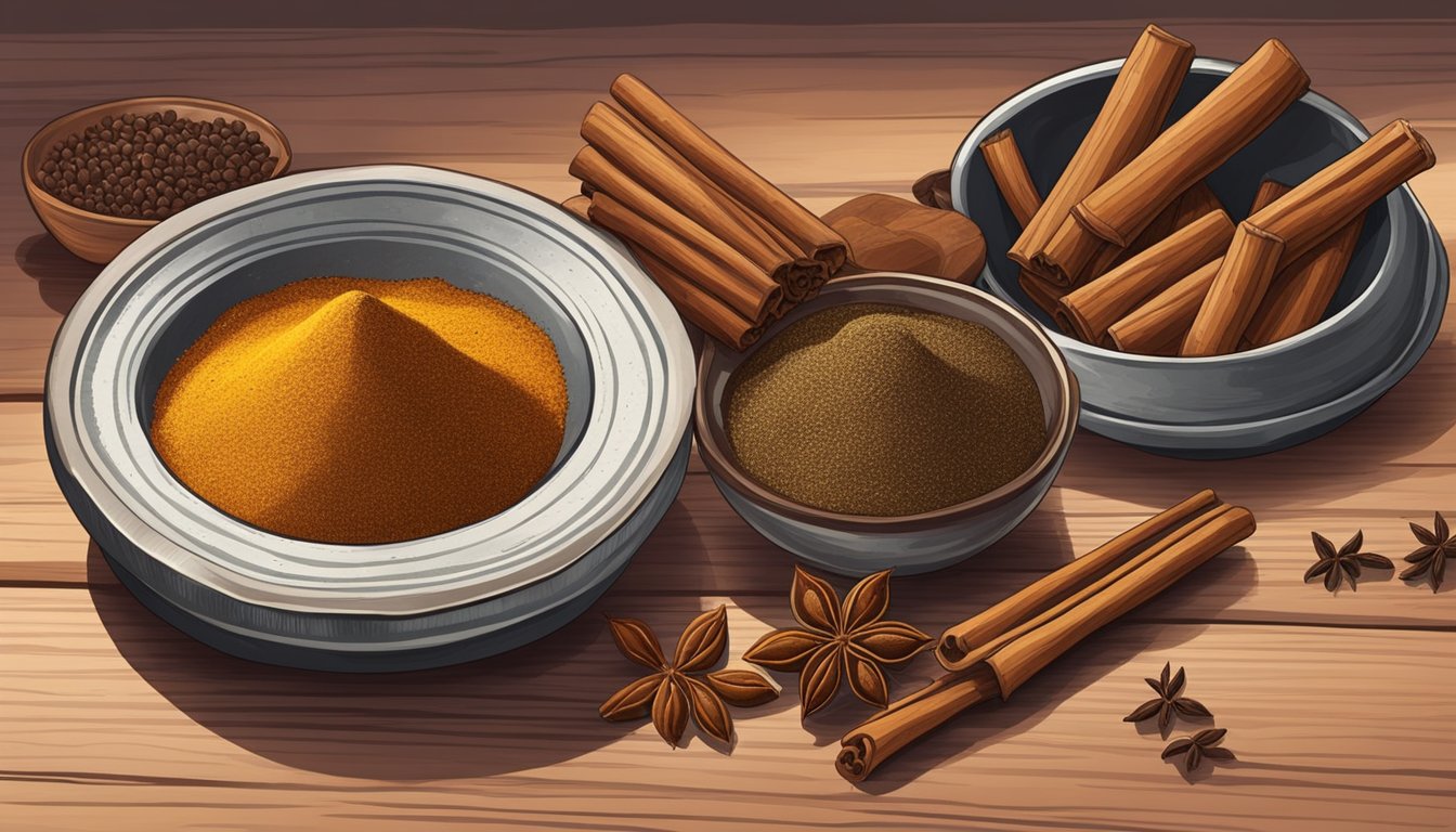 A variety of spices, including cinnamon, nutmeg, and cloves, are arranged on a wooden cutting board. A small dish of ground cardamom sits in the center