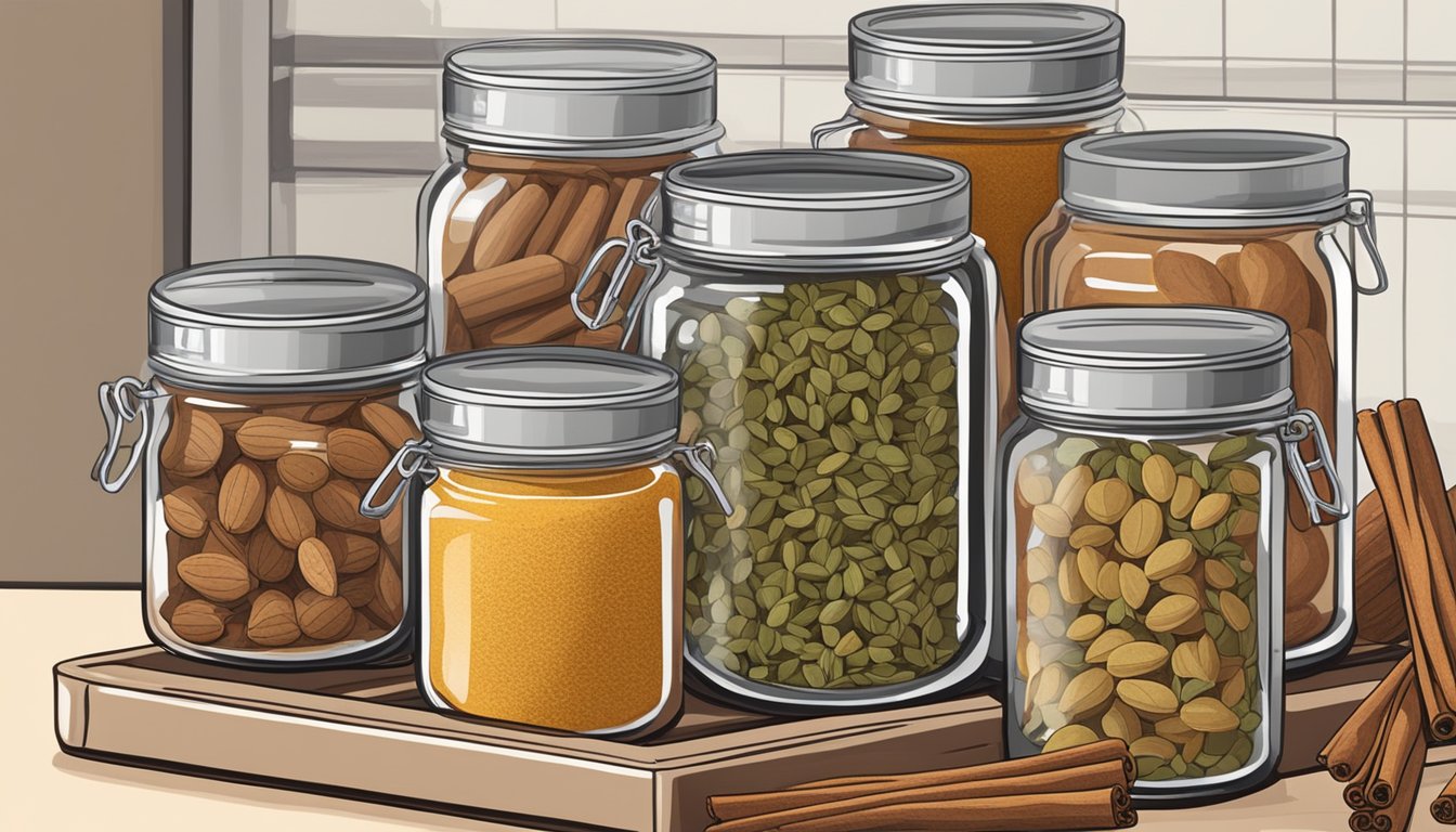 A spice rack with jars of cinnamon, nutmeg, and ginger next to a bowl of cardamom pods