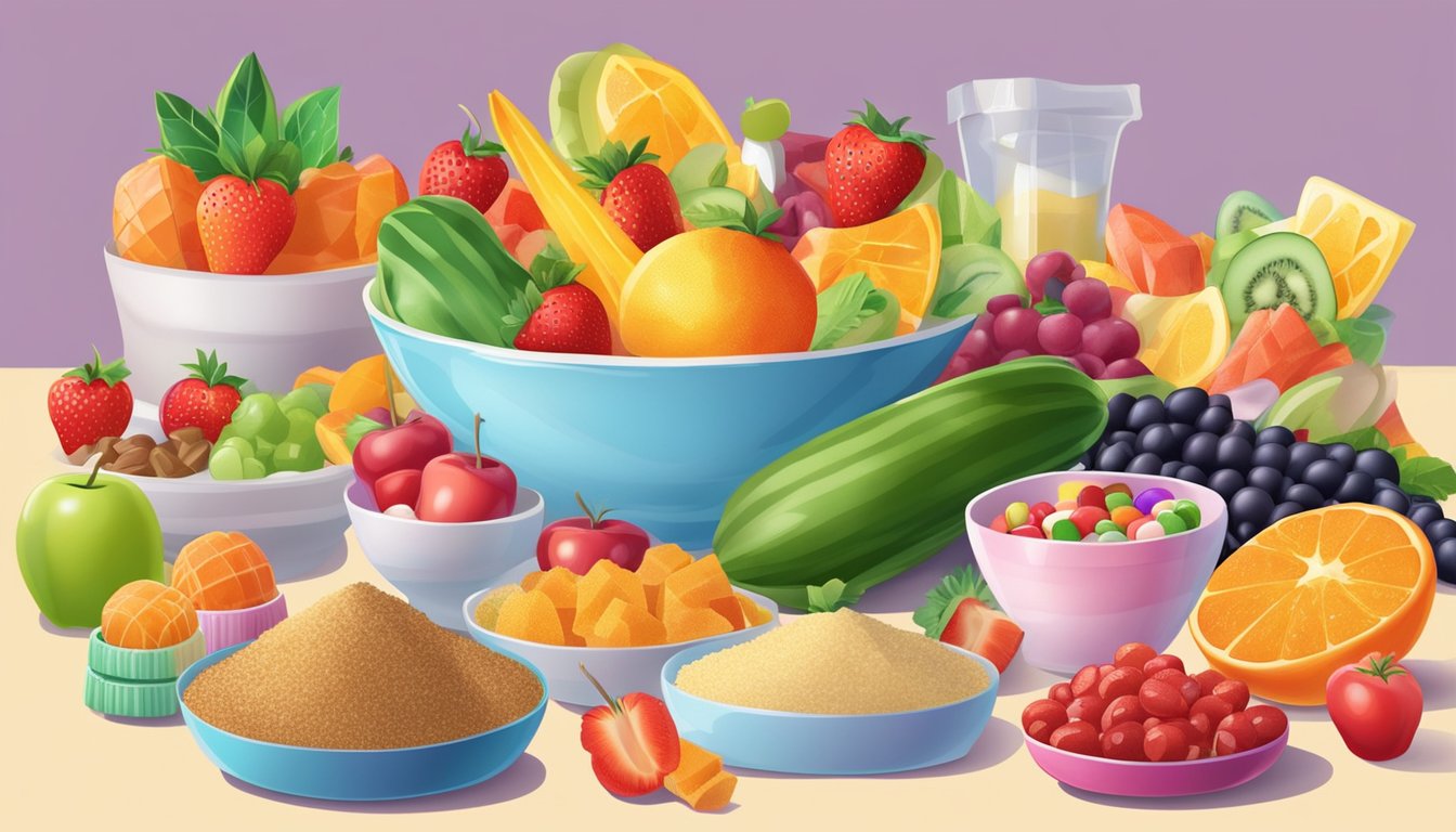 A colorful array of fruits and vegetables surrounding a bowl of sugar substitutes, with a variety of candies and desserts in the background