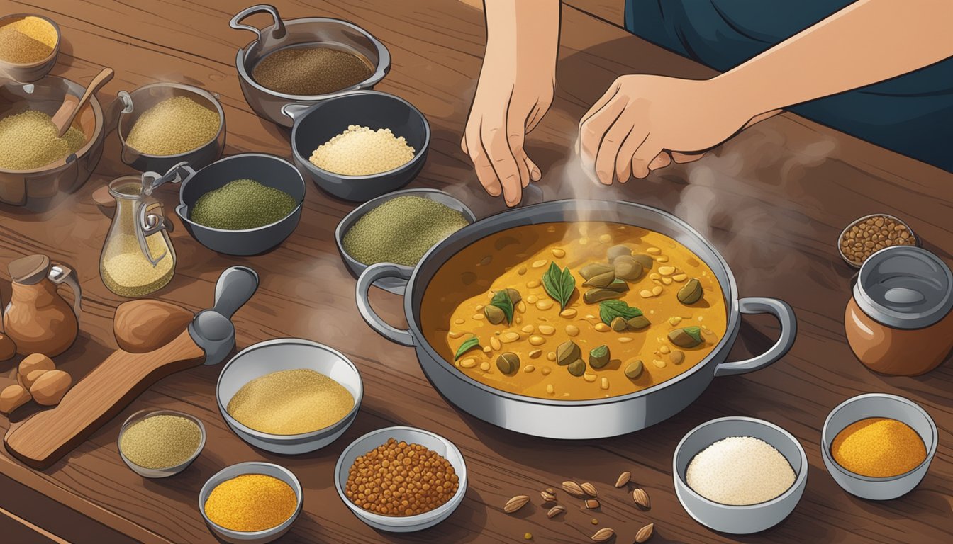 A chef adding cardamom to a pot of simmering curry, surrounded by various spices and ingredients on a wooden countertop