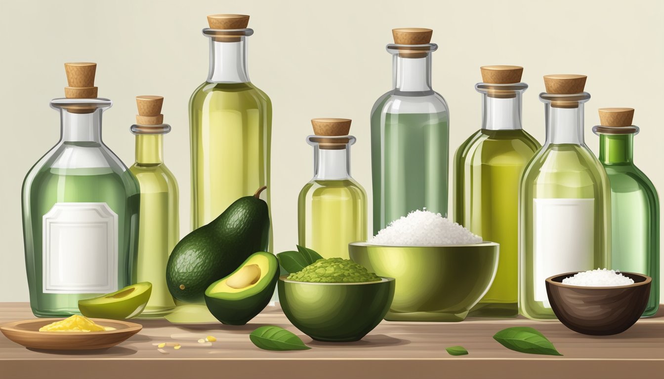 A kitchen counter with a variety of alternative oils (olive, coconut, avocado) arranged neatly in glass bottles and bowls