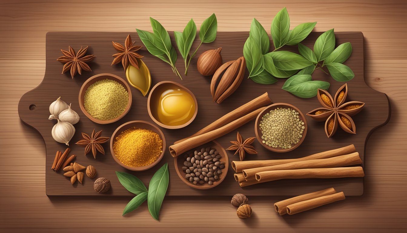 A collection of various spices and herbs arranged on a wooden cutting board, including cinnamon sticks, nutmeg, ginger, and cloves