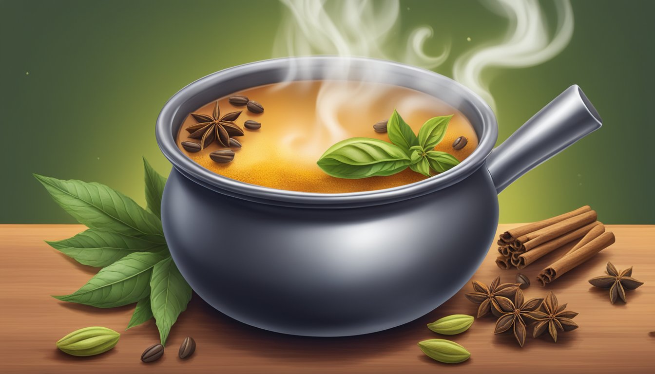 A steaming pot of chai tea with cardamom pods floating on the surface, surrounded by vibrant spices and herbs