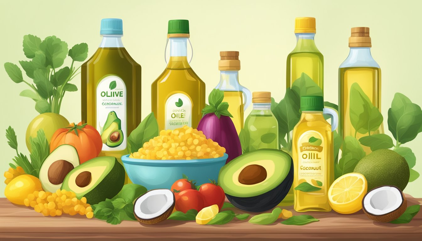 A table with various canola oil substitutes: olive oil, coconut oil, avocado oil, and sunflower oil in labeled containers, surrounded by fresh vegetables and fruits