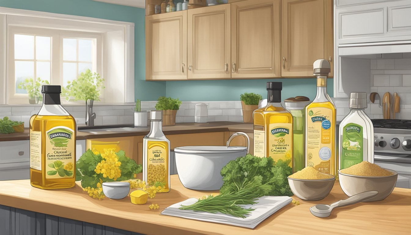 A kitchen counter with various oils and ingredients, a cookbook open to a page about canola oil substitutes, and labeled containers for storage