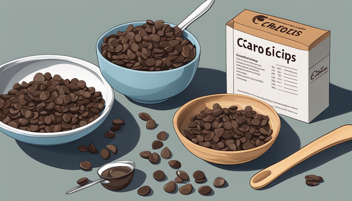 A bowl of carob chips sits next to a pile of chocolate chips, with a measuring cup and spoon nearby. The kitchen counter is lined with various ingredients and utensils