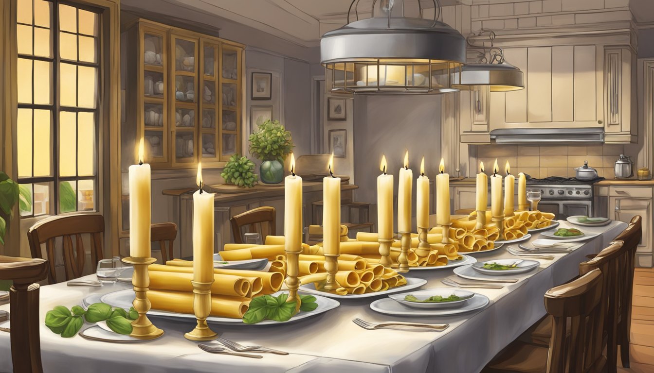 A chef repurposes leftover cannelloni pasta into decorative candle holders for a cozy Italian-themed dinner setting