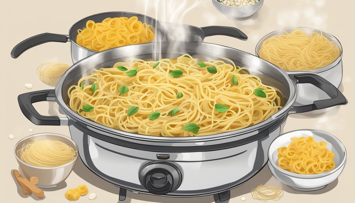 A pot of boiling water with capellini pasta cooking inside, surrounded by various alternative pasta options