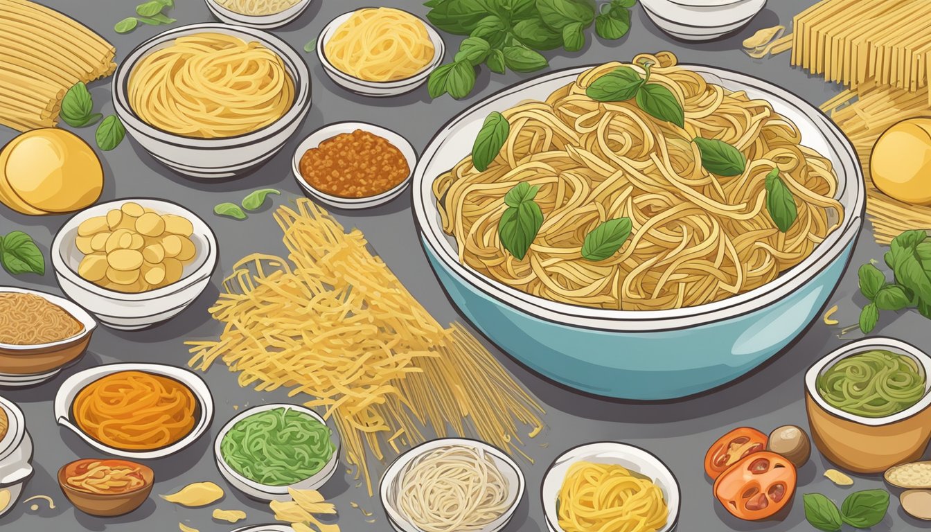 A bowl of capellini pasta surrounded by various pasta substitutes like spaghetti, angel hair pasta, and vermicelli