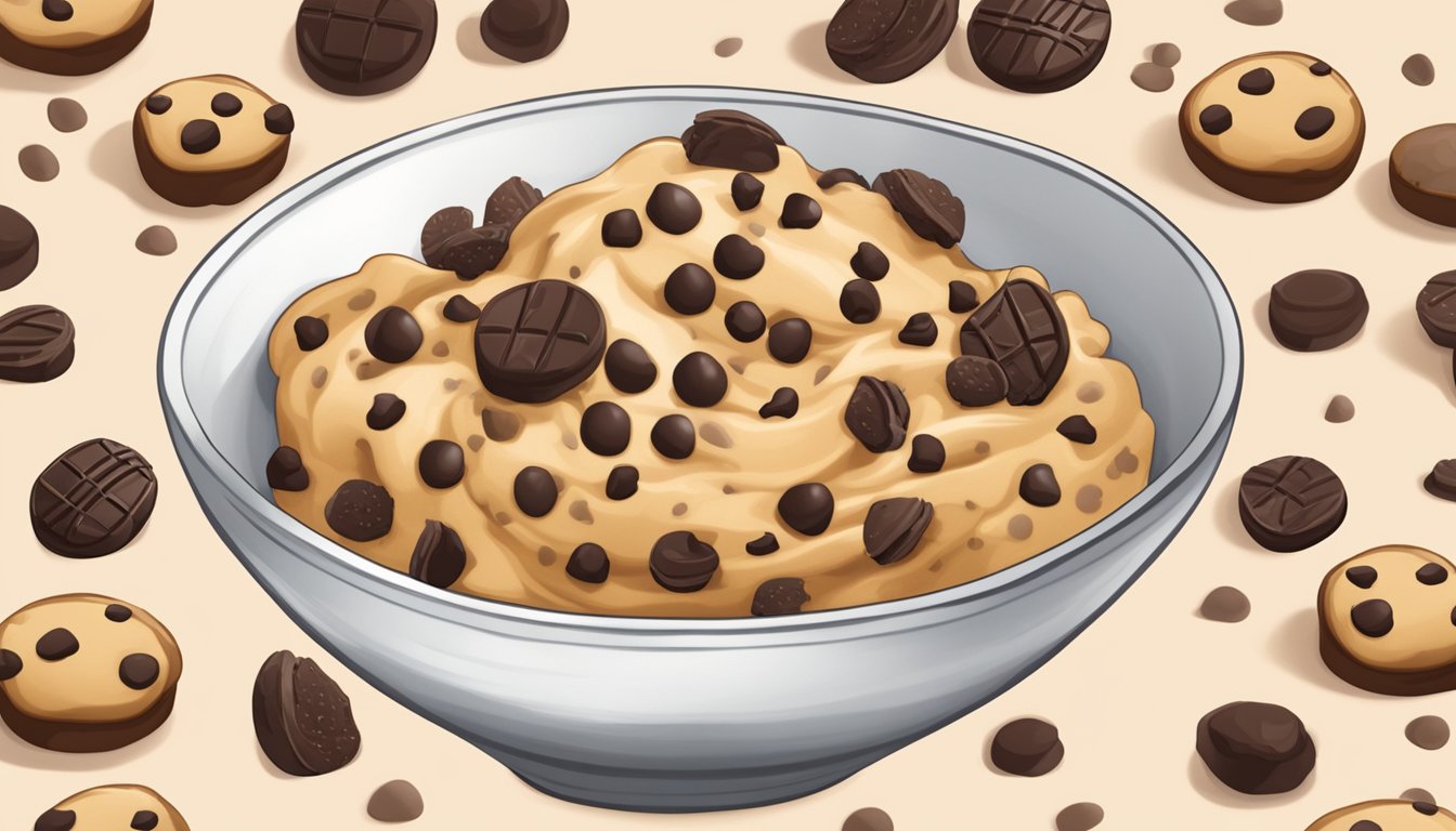 A bowl of cookie dough with carob chips being replaced by chocolate chips