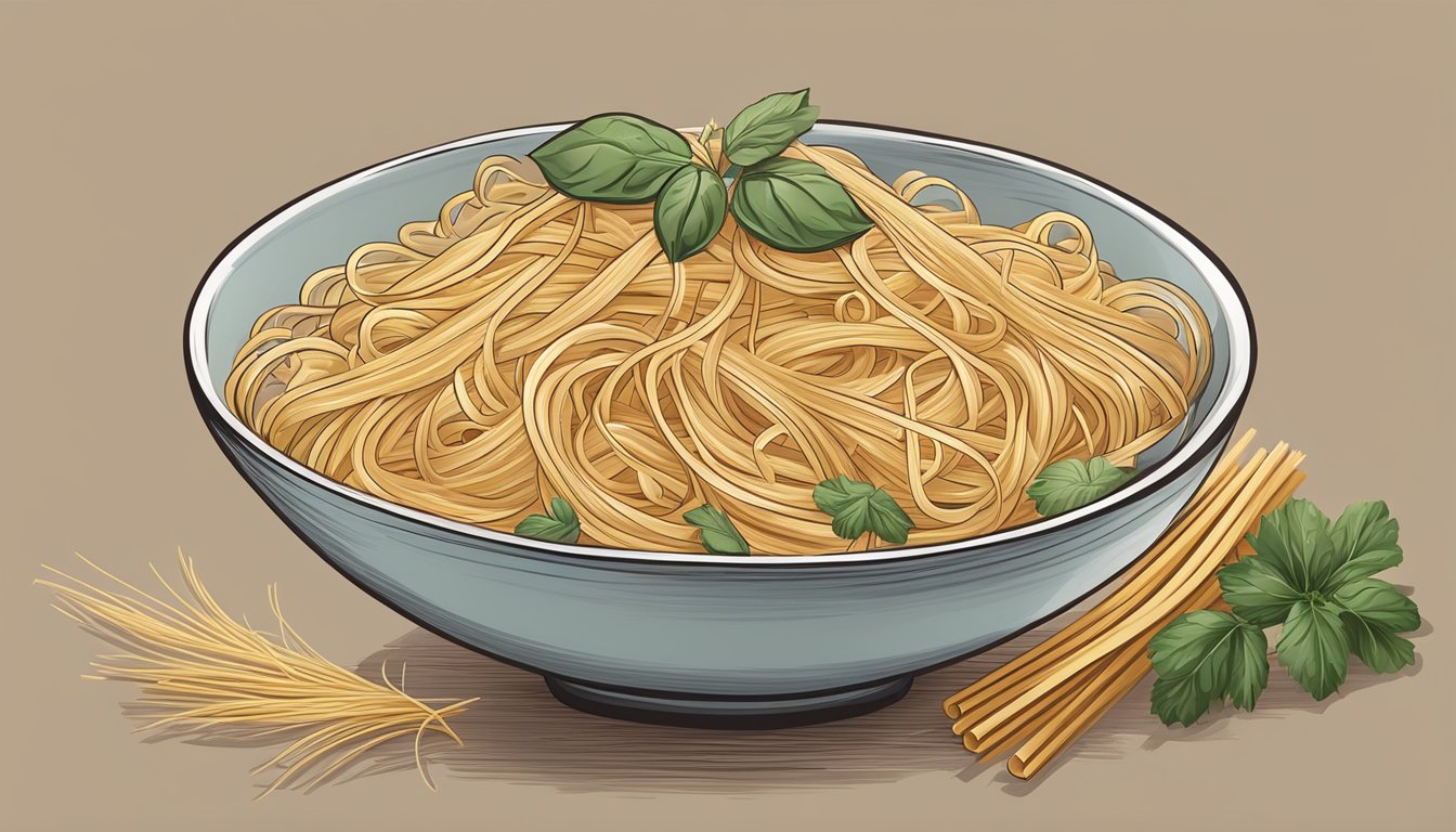 A bowl of angel hair pasta surrounded by various alternative ingredients such as spaghetti, vermicelli, and thin rice noodles