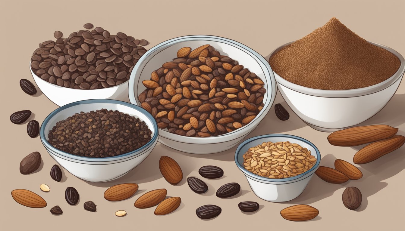 A kitchen counter with various ingredients like cocoa nibs, dates, and almonds, alongside a bowl of carob chips