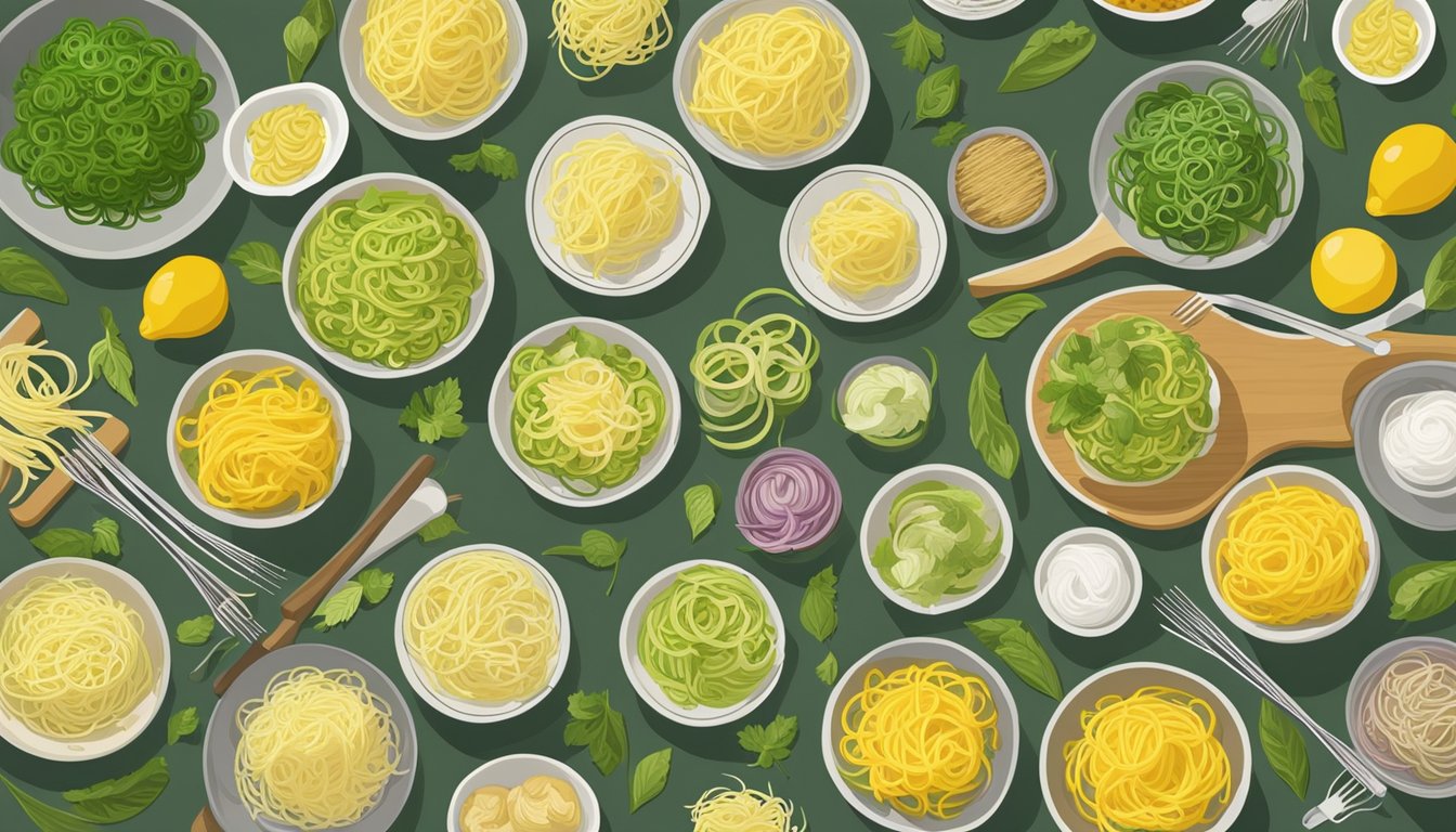 A table with various capellini pasta substitutes, such as zucchini noodles, spaghetti squash, and shirataki noodles, arranged in a visually appealing manner