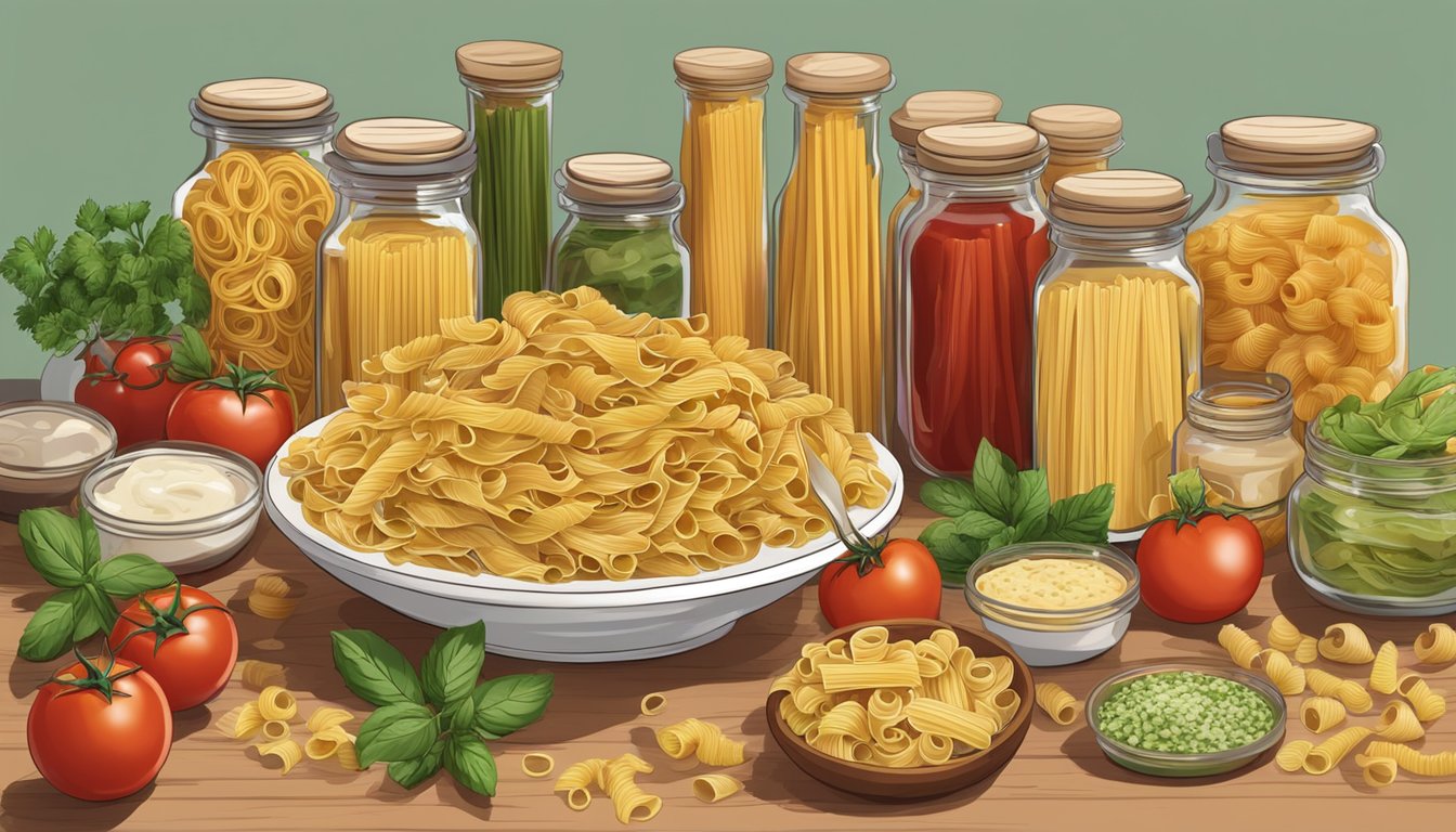 A table set with a variety of pasta shapes and jars of different sauces, with ingredients like tomatoes and herbs scattered around