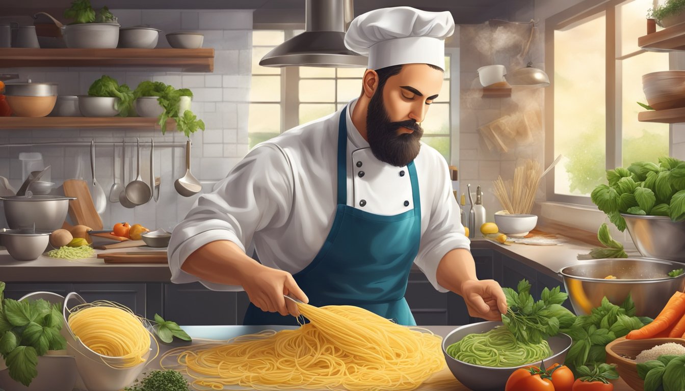 A chef prepares capellini pasta in a bustling Italian kitchen, surrounded by fresh ingredients and the aroma of herbs and spices