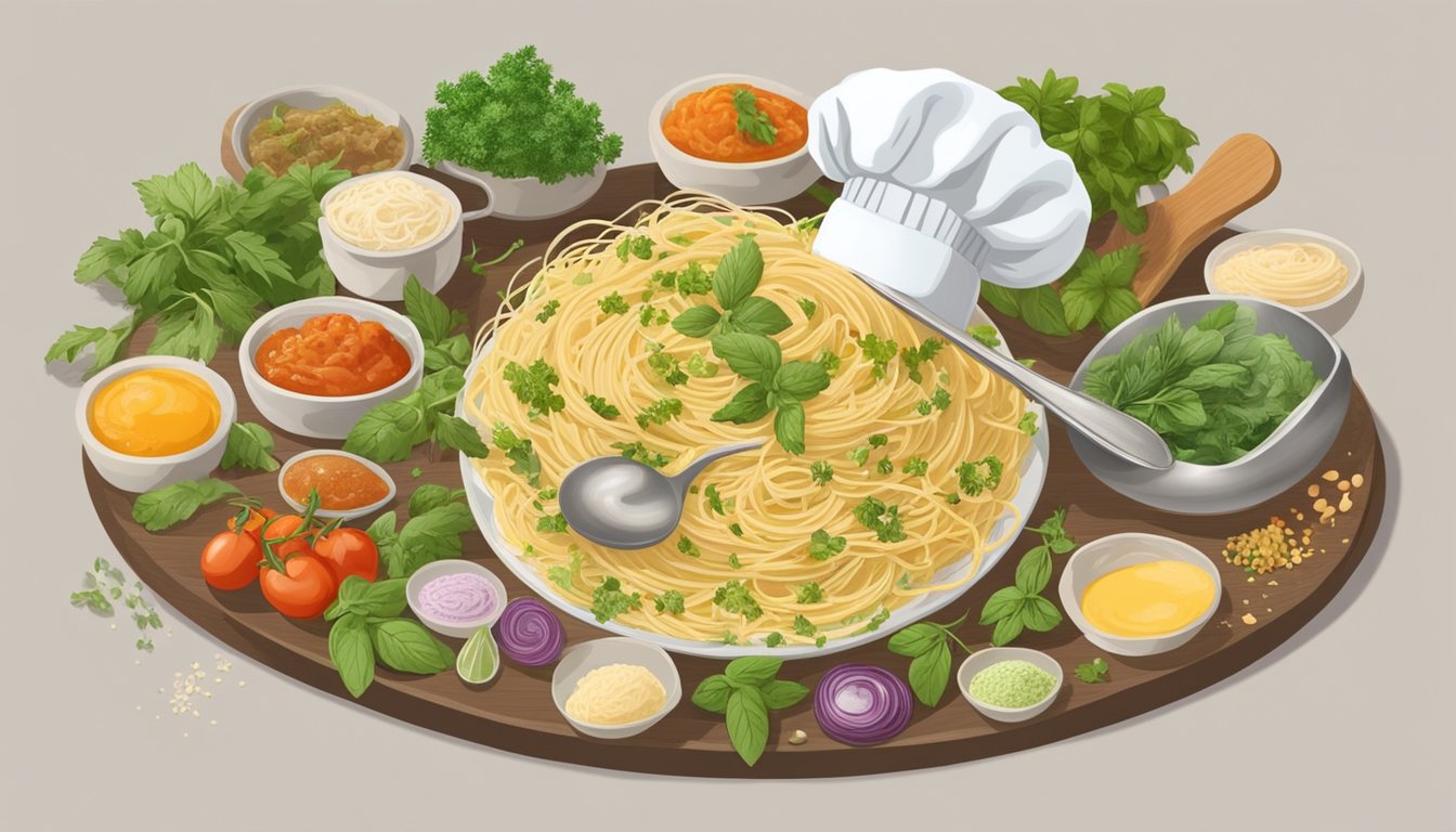 A chef sprinkles fresh herbs on a plate of capellini d'angelo pasta, surrounded by various alternative sauces and ingredients