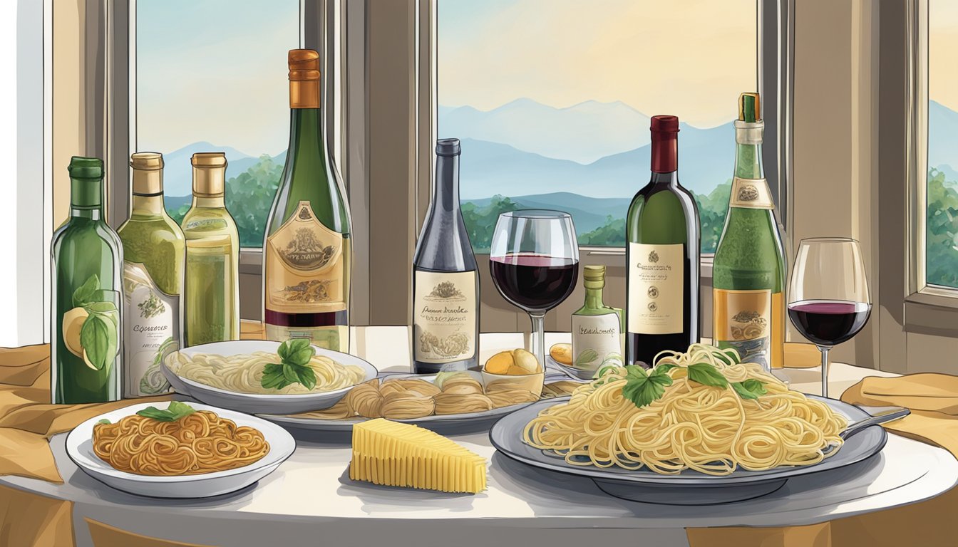 A table set with a variety of wine bottles and beverage options alongside a plate of capellini pasta substitutes