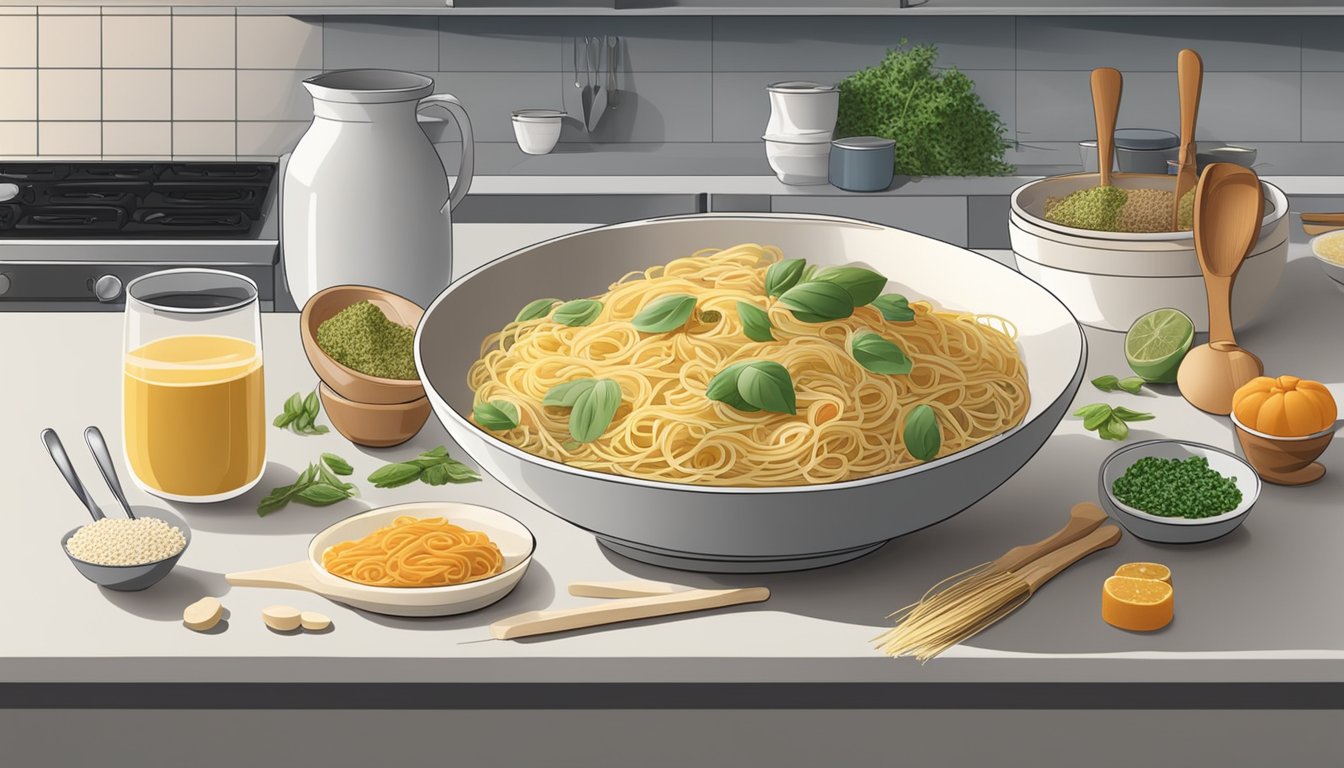 A bowl of capellini pasta alternatives surrounded by various ingredients and utensils, with a modern kitchen backdrop