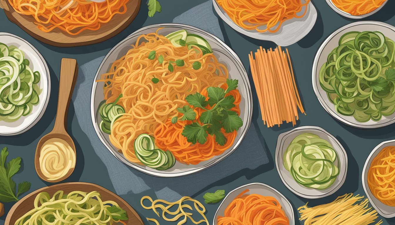 A colorful assortment of carrot noodles, zucchini noodles, and sweet potato noodles arranged in a vibrant, inviting display