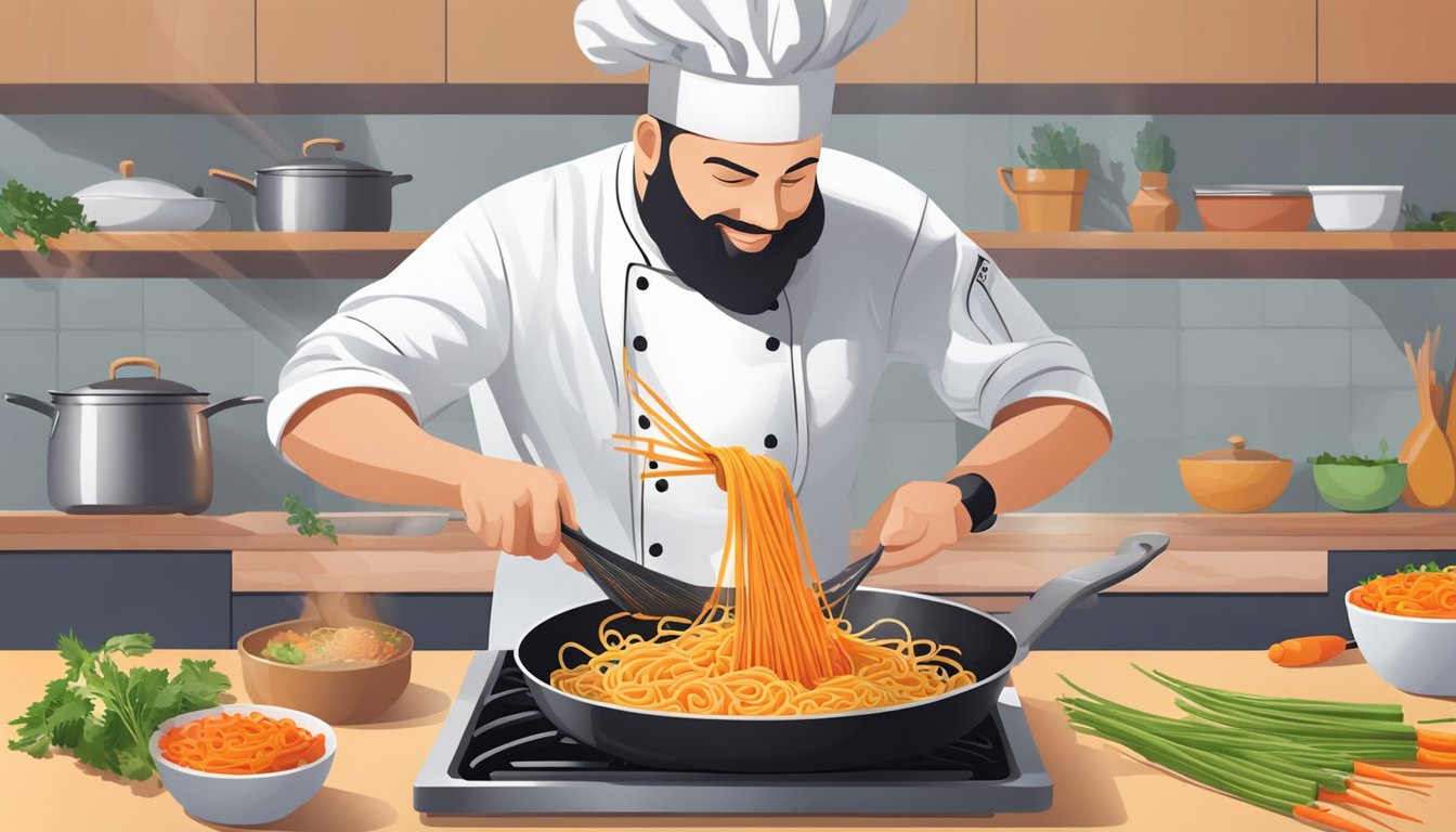 A chef spiralizes carrots into long, thin noodles, then tosses them in a sizzling pan with colorful vegetables and aromatic seasonings