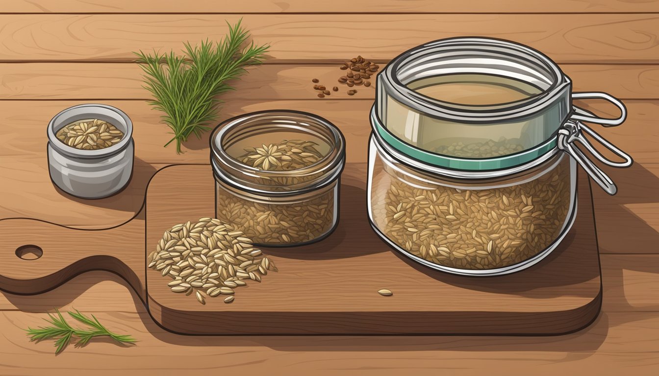 A jar of caraway seeds next to various substitute options such as cumin, fennel, and anise seeds on a wooden cutting board