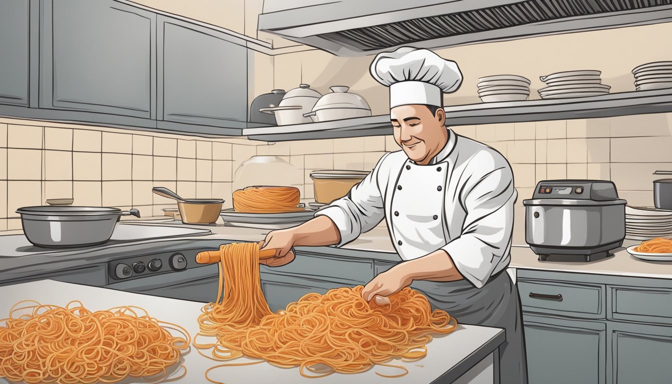 A chef in a bustling kitchen uses a spiralizer to create long, thin carrot noodles as a substitute for traditional pasta in an international dish