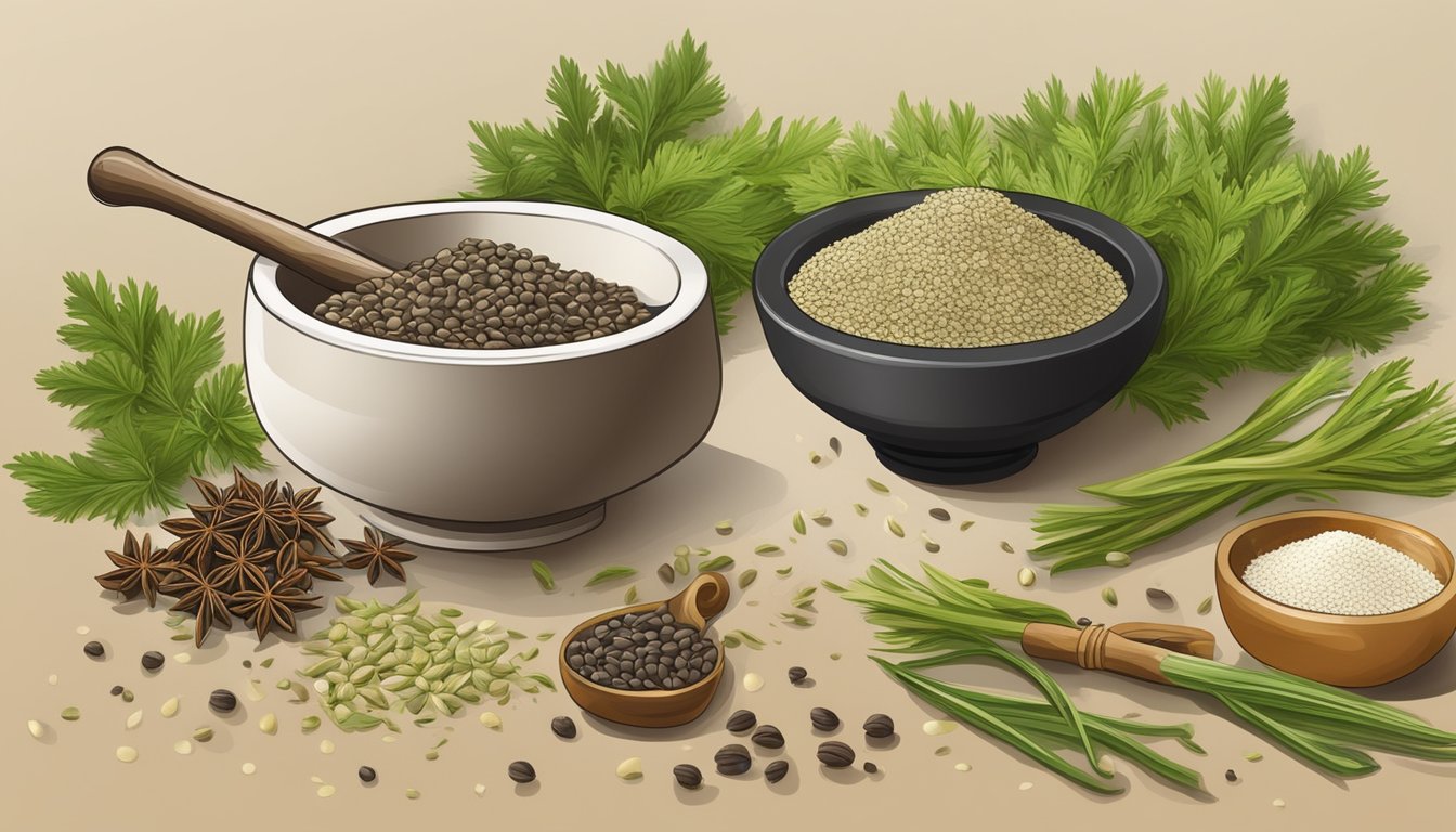 A mortar and pestle grinding fennel and anise seeds, with a small bowl of ground spices nearby