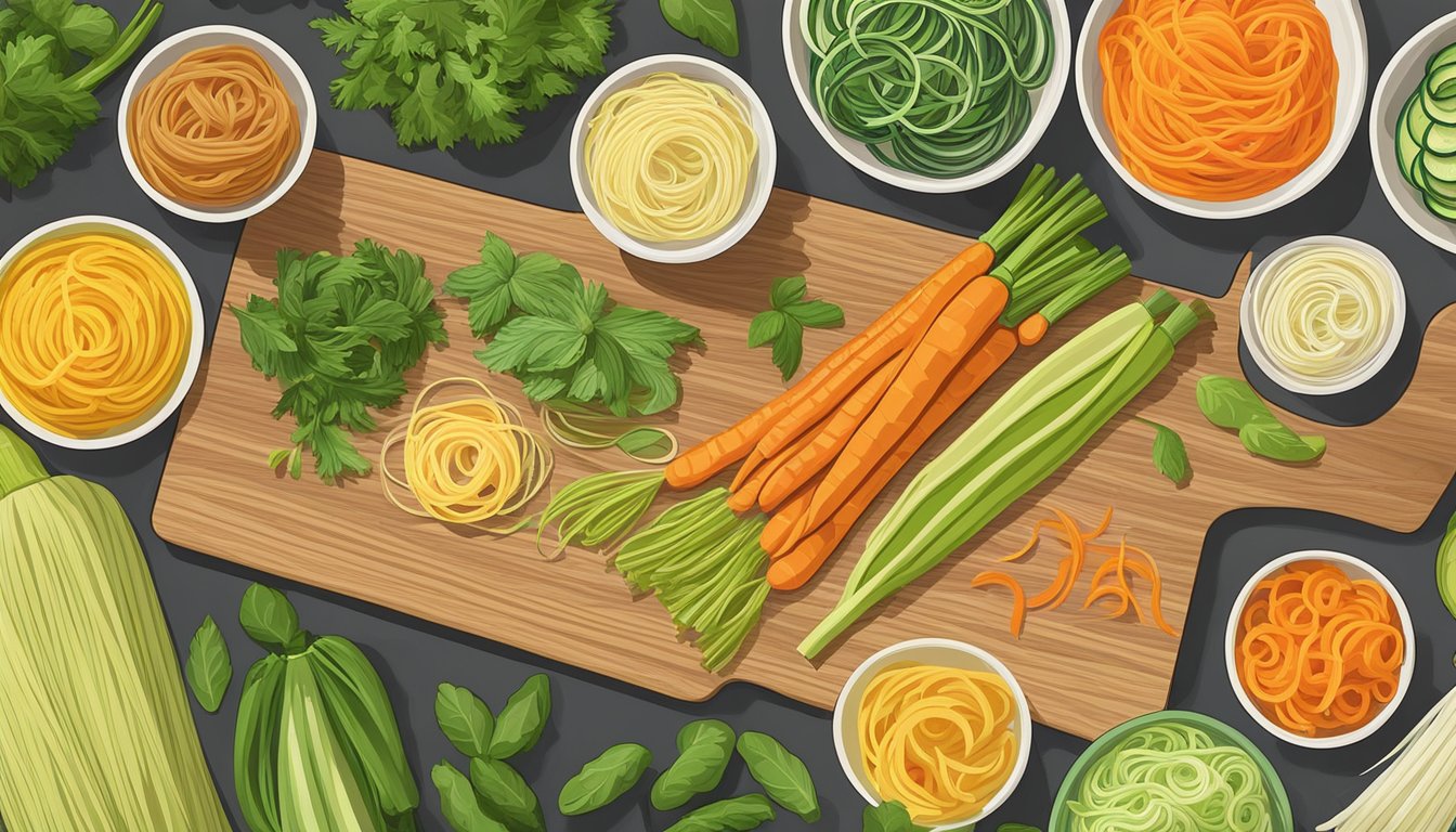 A colorful array of carrot noodles, zucchini noodles, and other vegetable substitutes arranged on a cutting board