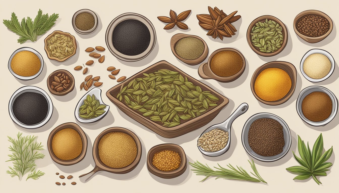 A table with various cuisines: Indian, Middle Eastern, and European. Ingredients include caraway seed substitutes such as cumin, fennel, and anise