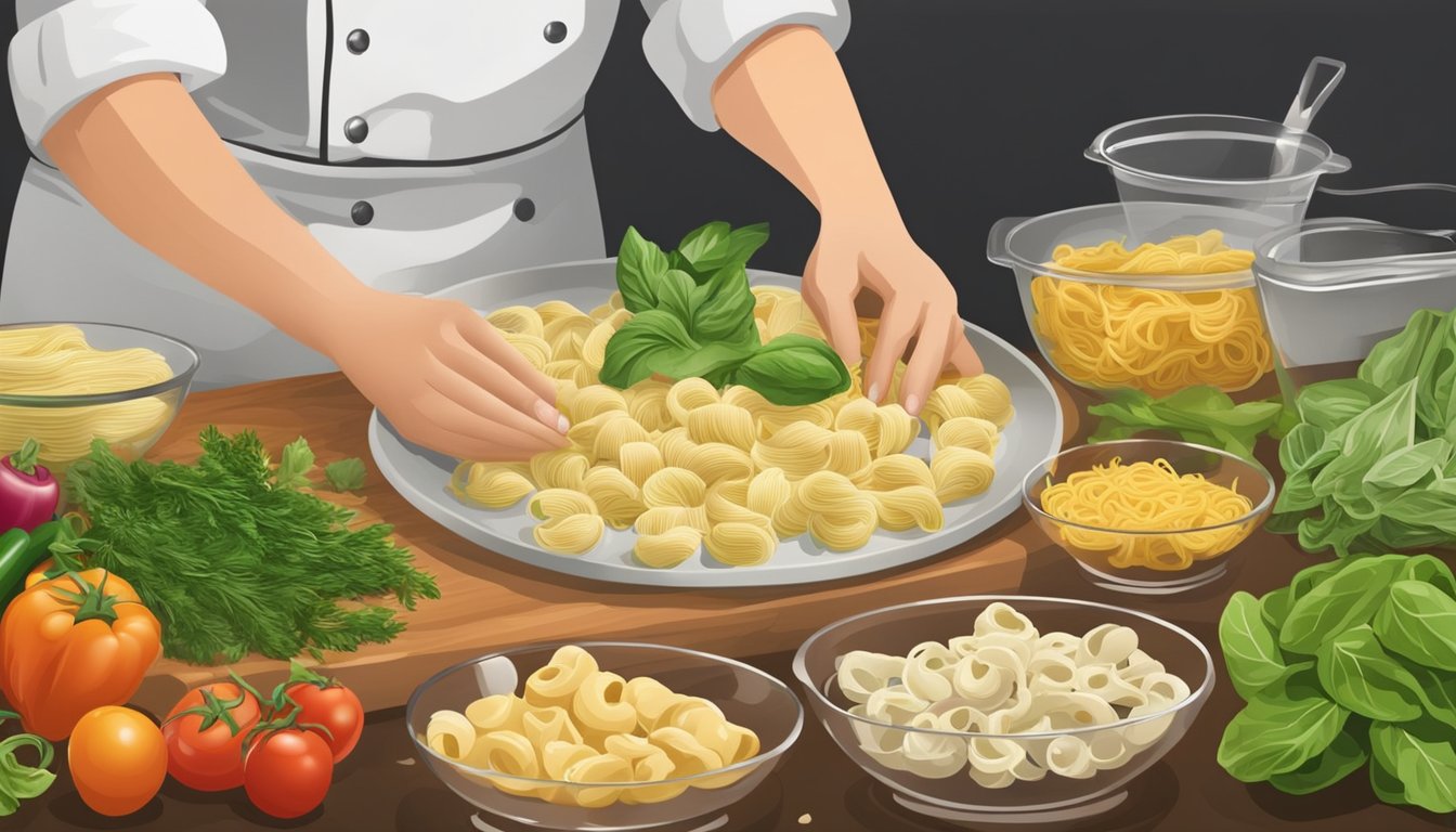 A chef prepares various ingredients for cappelletti pasta substitutes, including fresh vegetables, herbs, and different types of pasta