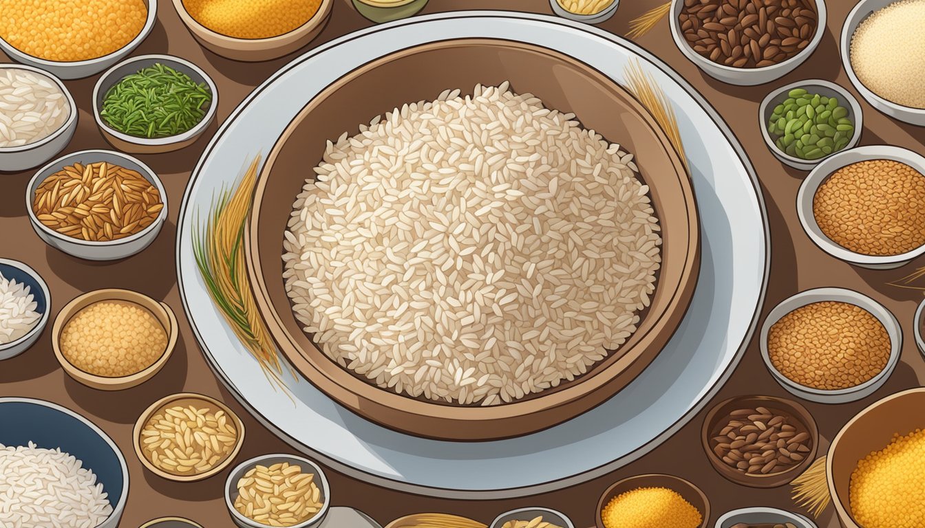 A bowl of Carnaroli rice surrounded by various alternative grains and rice varieties