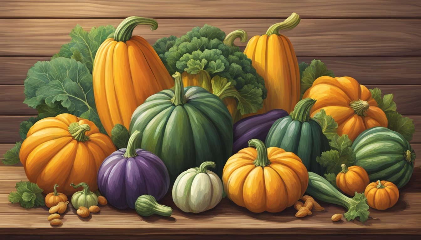 A vibrant carnival squash sits among a variety of other vegetables on a rustic wooden table. The squash's unique green and orange striped pattern catches the eye