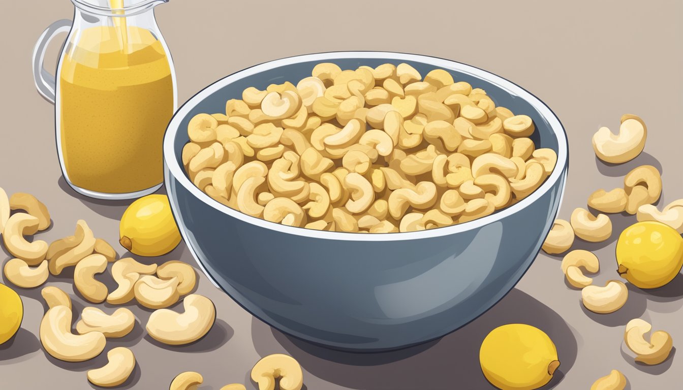 A bowl of cashews soaking in water, a blender filled with the soaked cashews, and a spoonful of nutritional yeast and lemon juice nearby