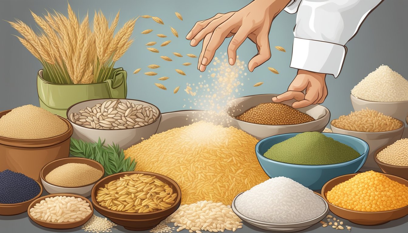 A chef reaching for a bag of Carnaroli rice, surrounded by various alternative grains and rice varieties