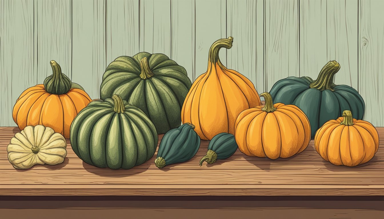 A hand reaching for a carnival squash, surrounded by various alternative squash options on a wooden table