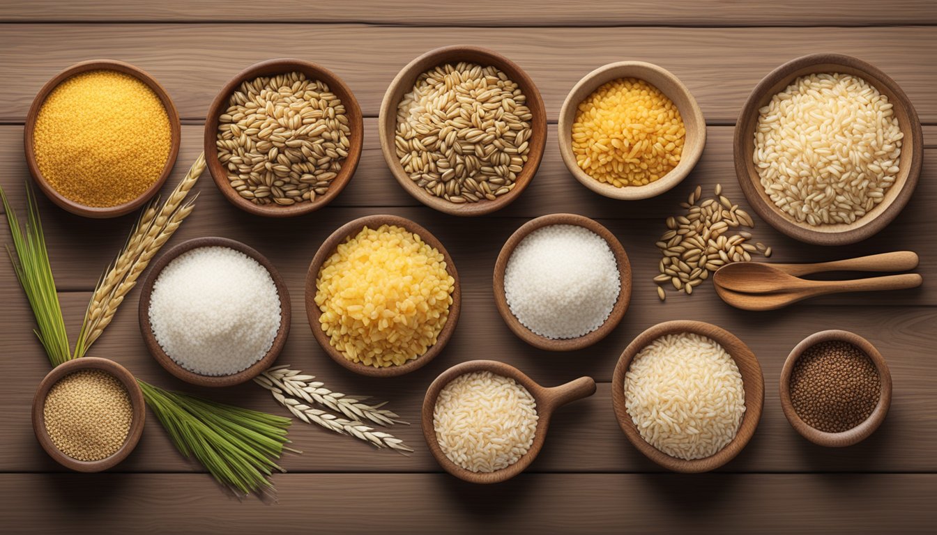 A variety of rice substitutes spread out on a wooden table, including quinoa, barley, and farro