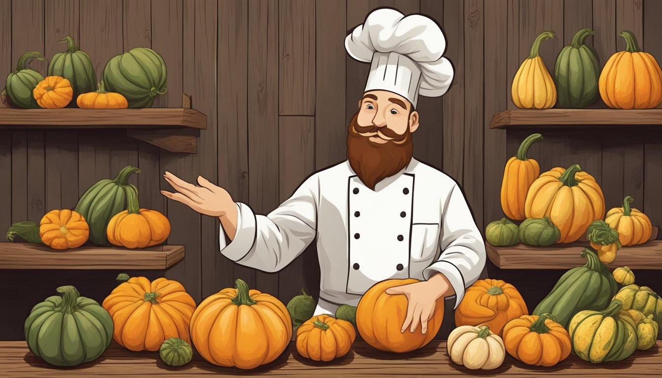 A chef reaching for a carnival squash, with various other squash options displayed on a rustic wooden table