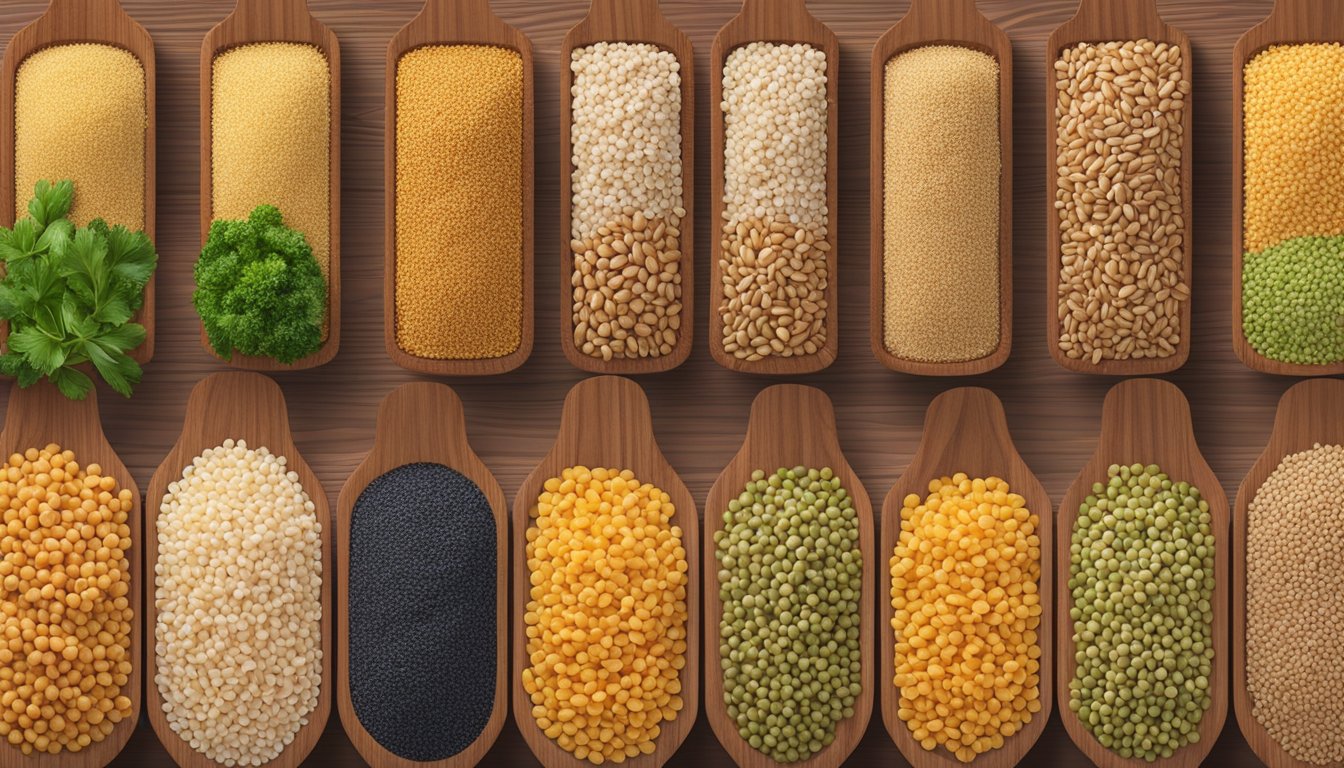 A variety of non-rice alternatives, such as quinoa, barley, and farro, displayed in colorful piles on a wooden table