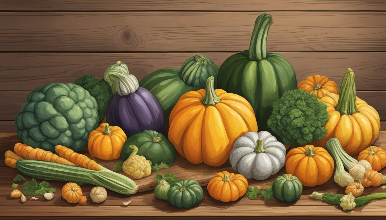 A carnival squash sits on a rustic wooden table surrounded by various vegetables, ready to be used as a substitute in a recipe